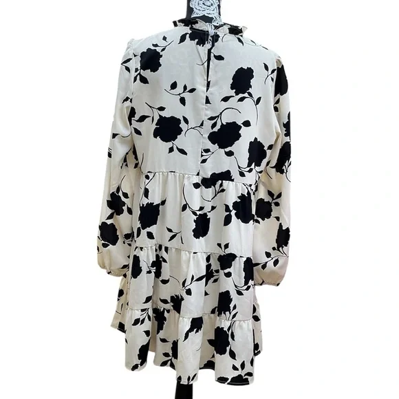 Floral Print Long Sleeve Mini Dress - Black on Cream - Picture 4 of 5